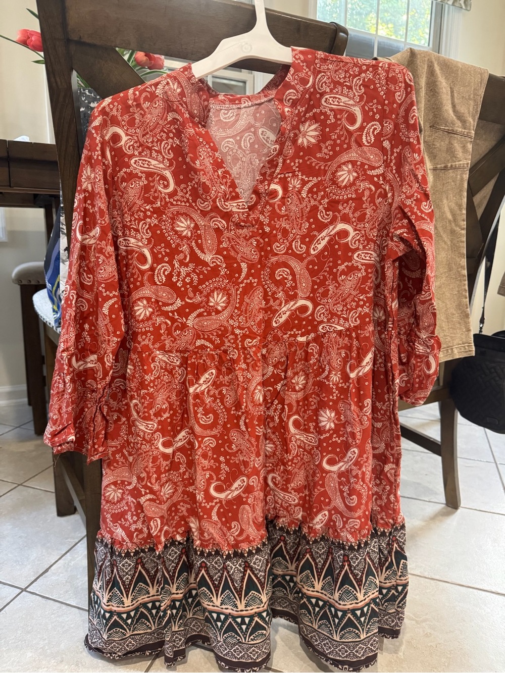 SHEIN Red Paisley V-Neck Boho Long Sleeve Dress